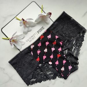 NWT PINK VICTORIA'S SECRET LACE-TRIM NO-SHOW CHEEKY PANTY IN PURE BLACK HEART PR
